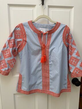 Gretchen Scott Designs Blue & Orange Striped Embroidered blouse